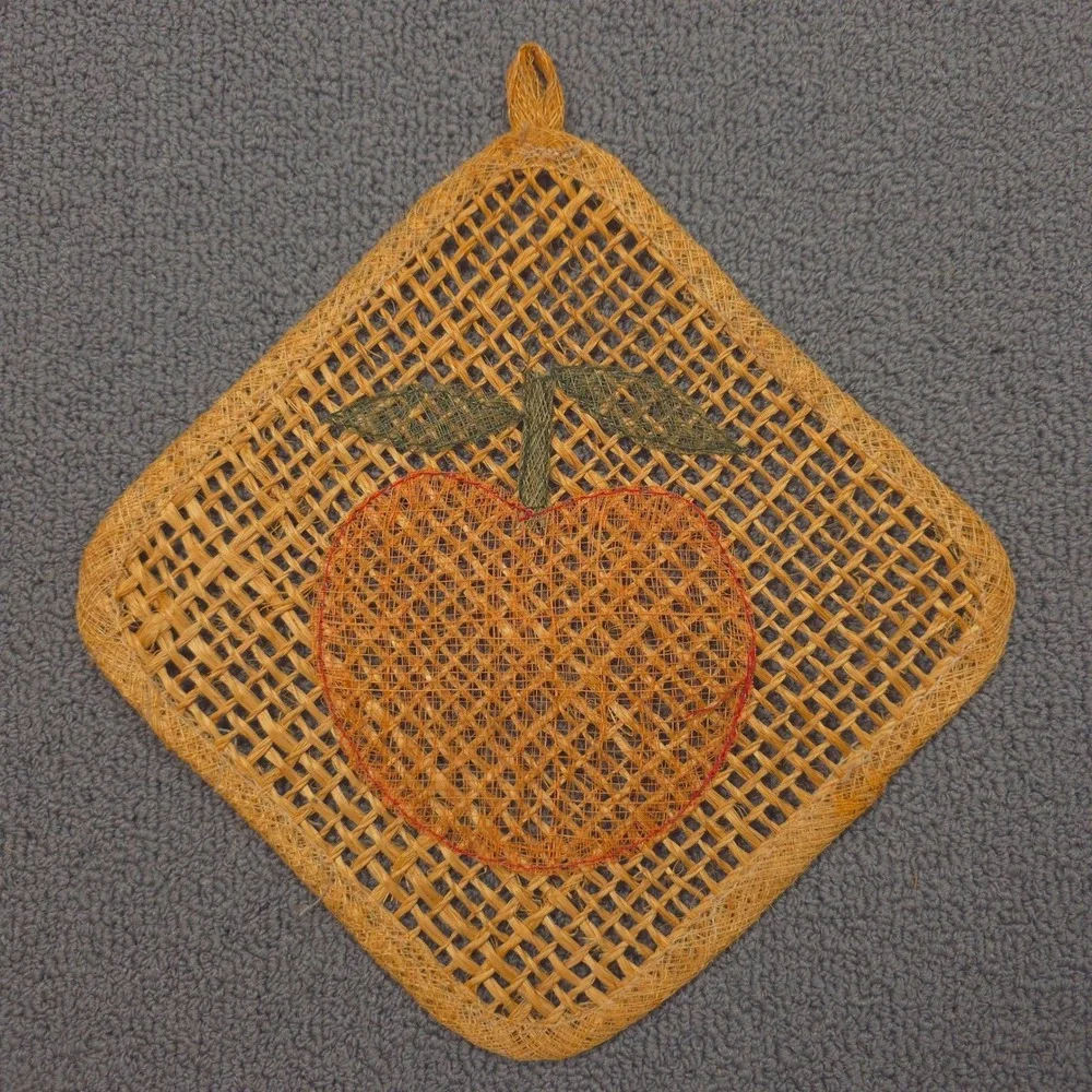 Vintage Woven Straw Peach‎ Trivets Pot Holders Set of 4 Orange Tan Boho Kitchen